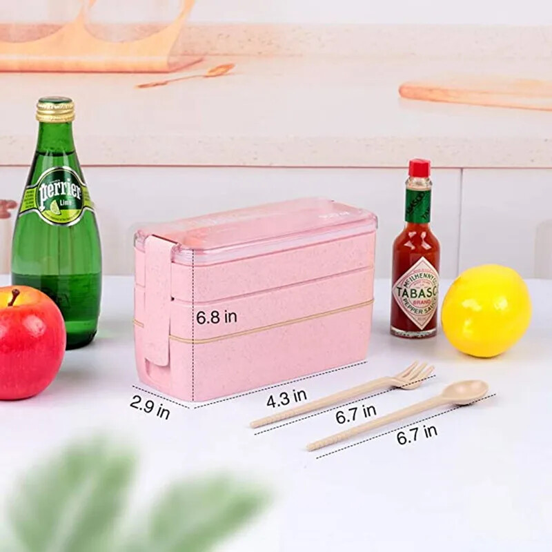 Кутия за обяд от здравословен материал 3-слойна пшенична слама Кутии за бенто Кутия за микровълнова фурна Контейнер за съхранение на храна Кутия за обяд 900 ml