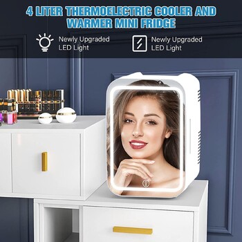 Cooseon 4L Mini Mirror Fridge, Beauty Makeup Грижа за кожата Хладилник, AC/DC Отопляем охлаждащ Beauty Refrigerator, Автомобилен мини хладилник