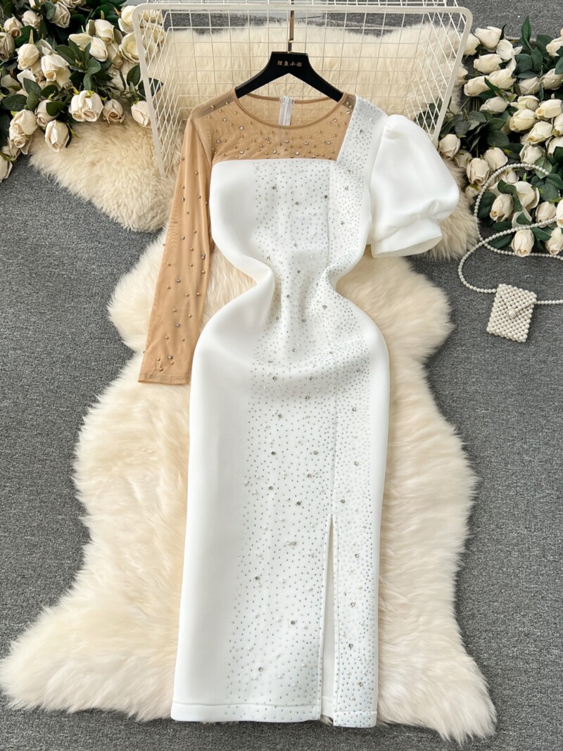 Večernja haljina za bankete Vrhunski dizajn slavnih Mrežasta haljina do sredine struka optočena dijamantima