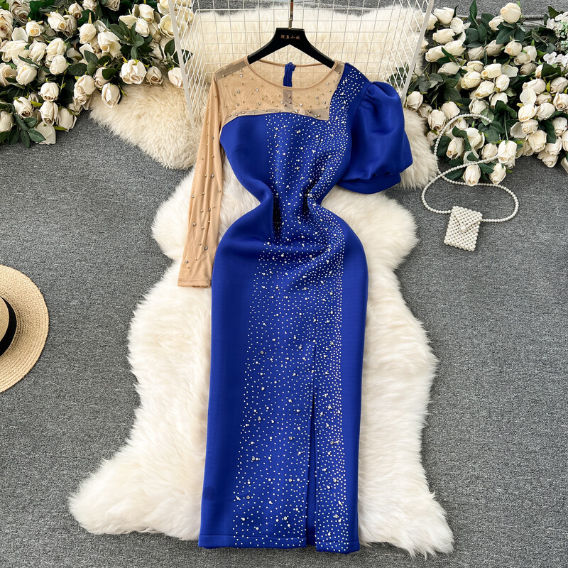 Večernja haljina za bankete Vrhunski dizajn slavnih Mrežasta haljina do sredine struka optočena dijamantima