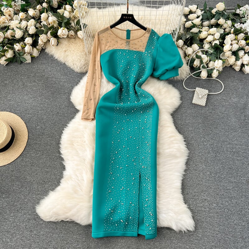 Večernja haljina za bankete Vrhunski dizajn slavnih Mrežasta haljina do sredine struka optočena dijamantima