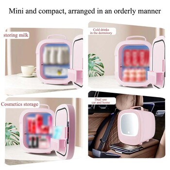 6L Mini Car Refrigerator Mirror Surface Fridge Car Home Dual-use Beauty Refrigerator Facial Mask Cooler with LED Light