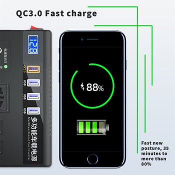 Автомобилен инвертор DC към AC зарядно устройство Адаптер за 12V 24V до 220V 1-портов QC3.0 Бързо зареждане Цифров дисплей Инвертор за клетка