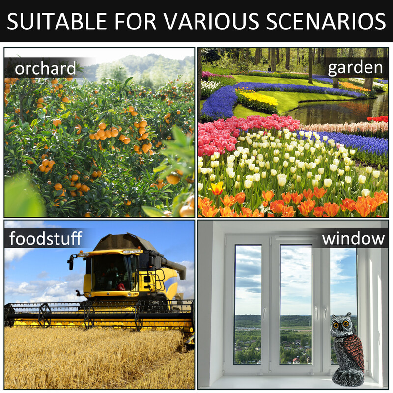 Примамка за сови, плашеща фалшива сова, плашащи устройства за контрол на птици с въртяща се глава и светлина за репелент за птици на открито в градината