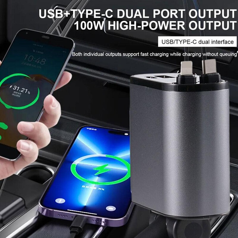120W 4 U 1 Punjač za automobil na uvlačenje USB tip C kabel Kabel za brzo punjenje Adapter za upaljač za iPhone Xiaomi Huawei Samsung