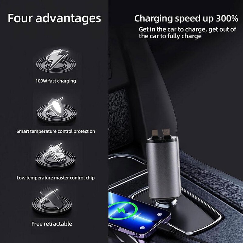 120W 4 U 1 Punjač za automobil na uvlačenje USB tip C kabel Kabel za brzo punjenje Adapter za upaljač za iPhone Xiaomi Huawei Samsung