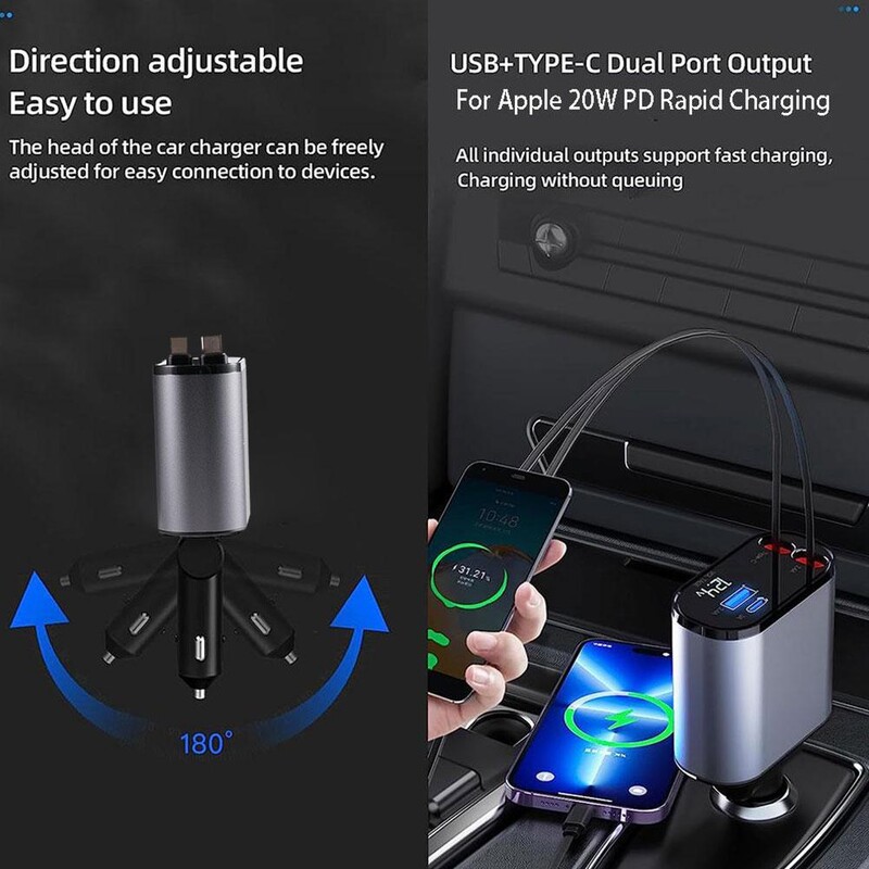 120W 4 U 1 Punjač za automobil na uvlačenje USB tip C kabel Kabel za brzo punjenje Adapter za upaljač za iPhone Xiaomi Huawei Samsung