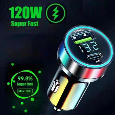 120W + PD 20W auto punjač otporan na visoke temperature prijenosni adapter za brzo punjenje metalni zaslon USB+PD auto punjač