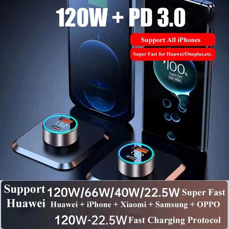 120W + PD 20W auto punjač otporan na visoke temperature prijenosni adapter za brzo punjenje metalni zaslon USB+PD auto punjač