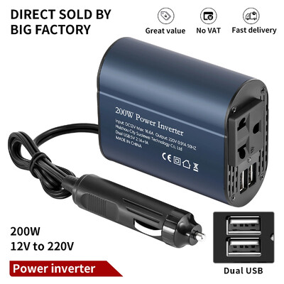 220V 50HZ pārnēsājams automobiļu strāvas pārveidotājs lādētājs pārveidotājs 200W adapteris automobiļu piederumi, dubultā USB saskarne