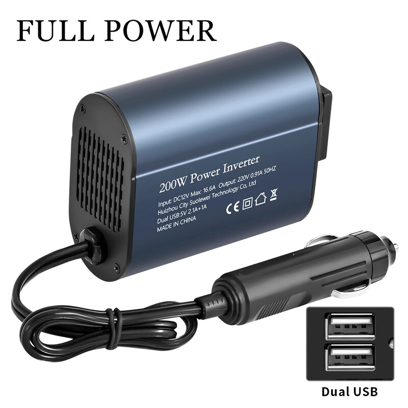 Prenosný automobilový invertorový nabíjací menič 220V 50HZ, 200W adaptér, automobilové príslušenstvo, duálne USB rozhranie