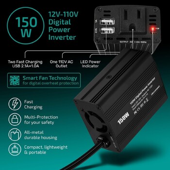 Μετατροπέας ισχύος 150W - Μετατροπέας ισχύος 12V DC σε 110V/120V AC αυτοκινήτου με πρίζες AC, θύρες USB, μετατροπέας αυτοκινήτου για αυτοκίνητο, φορτηγό, σπίτι