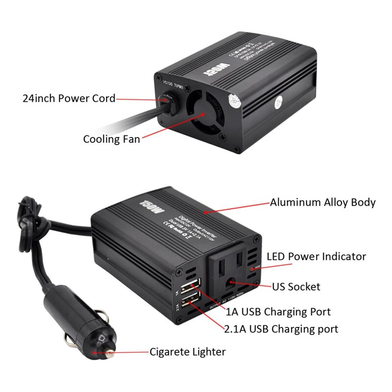150W menič napätia - menič napätia z 12V DC na 110V/120V AC do auta so zásuvkami AC, USB portami, menič napätia do auta, nákladného auta, domácnosti