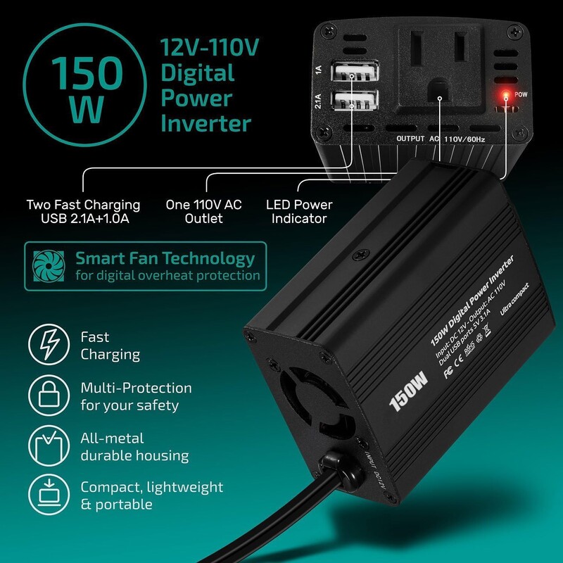 150W menič napätia - menič napätia z 12V DC na 110V/120V AC do auta so zásuvkami AC, USB portami, menič napätia do auta, nákladného auta, domácnosti