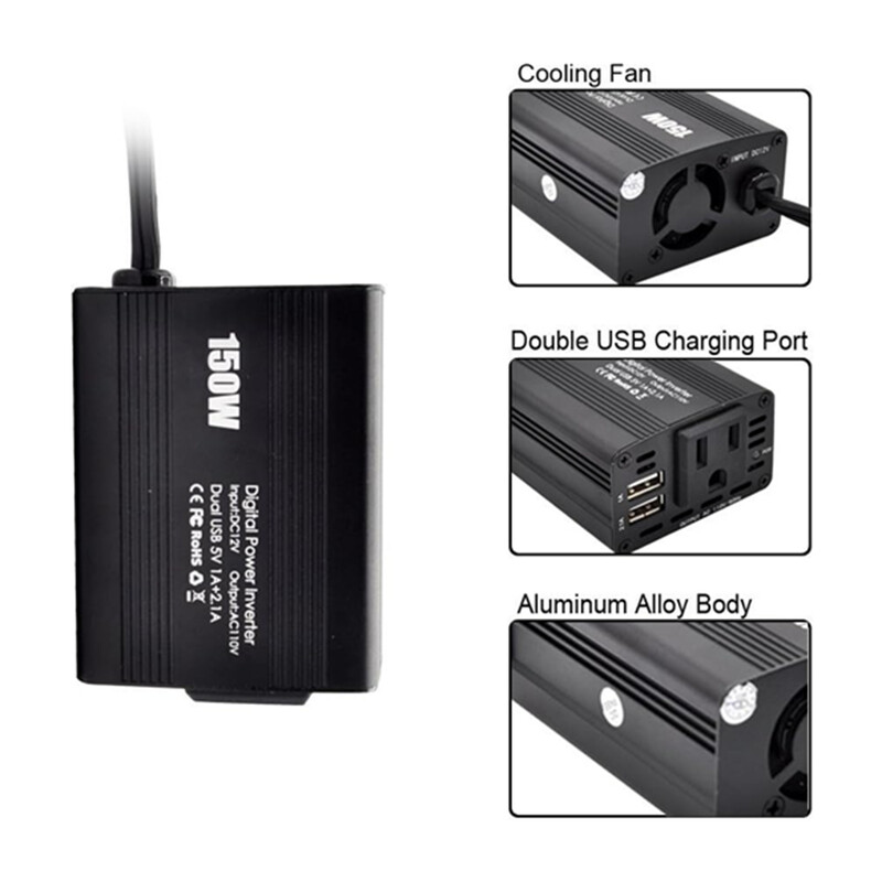 150W menič napätia - menič napätia z 12V DC na 110V/120V AC do auta so zásuvkami AC, USB portami, menič napätia do auta, nákladného auta, domácnosti