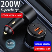 200W USB-C autonabíjačka s 3 portami, 100W rýchle nabíjanie + 65W Supervooc 2.0 + PD 36W rýchlonabíjačka pre iPhone 13 HONOR OPPO