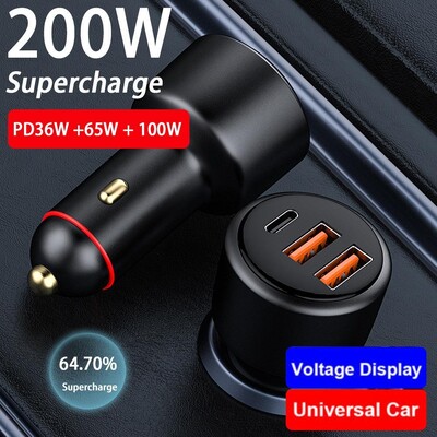 200 W USB C autós töltő 3 portos 100 W gyorstöltés + 65 W Supervooc 2.0 + PD 36 W gyorstöltő IPhone 13 HONOR OPPO készülékhez