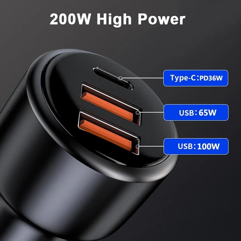 200W USB-C autonabíjačka s 3 portami, 100W rýchle nabíjanie + 65W Supervooc 2.0 + PD 36W rýchlonabíjačka pre iPhone 13 HONOR OPPO