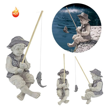 Άγαλμα κήπου Gone Fishing Boy Yard Ornaments Resin Fisherman Funny Lawn Sculpture Διακόσμηση σπιτιού Υποστήριξη Dropshipping