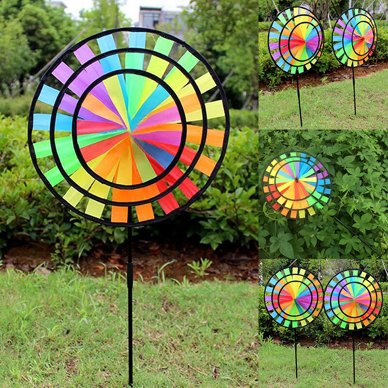 36 см трислойна дъгова цветна вятърна мелница Традиционна детска играчка Вятърна мелница от кръгъл плат Украса за къмпинг на открито