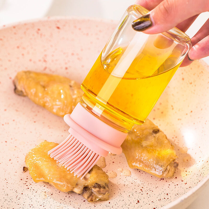 Стъклен диспенсър за масло със силиконова глава за четка, четка за масло, устойчива на висока температура за готвене, печене и грил