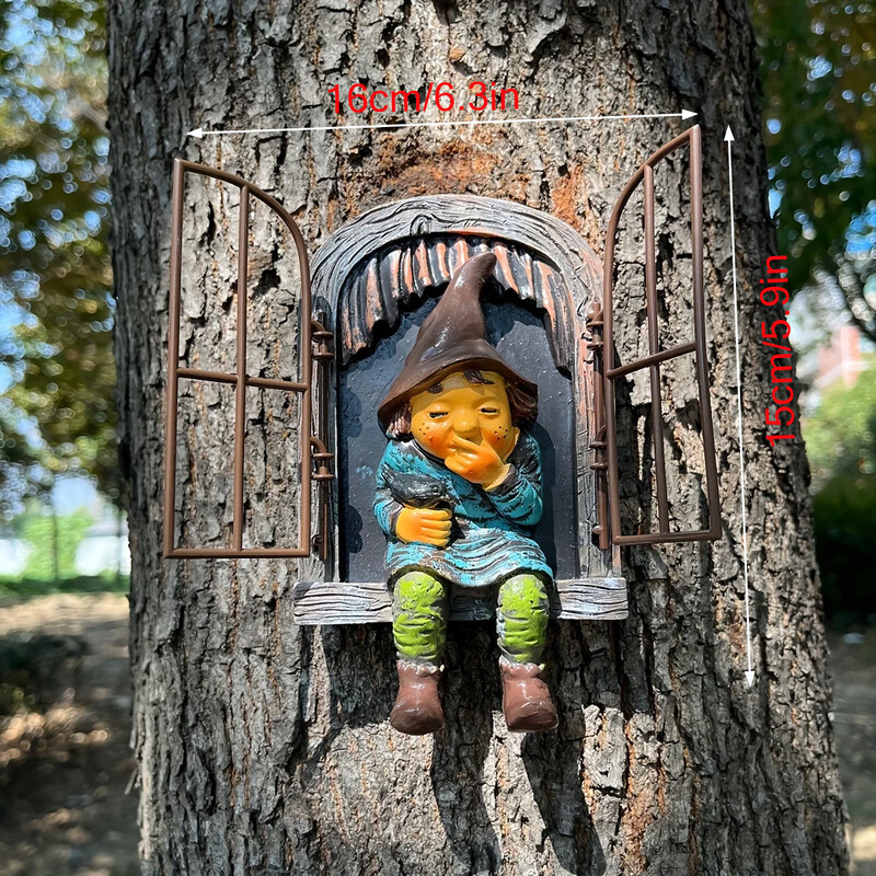 1 бр. Градинска декорация на открито Джудже от смола Занаят анимационна статуя на гном Джудже, седящо на перваза на прозореца (дебела опаковка)