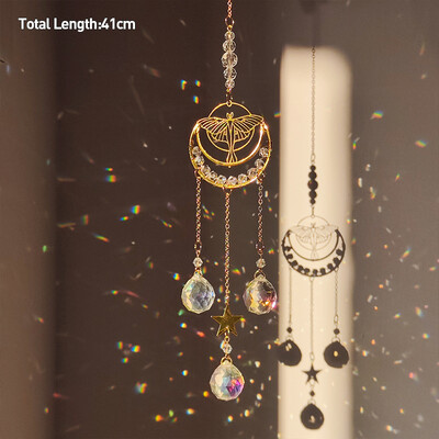 Golden Sun Moon Moth Κρυστάλλινο μενταγιόν Κήπος Suncatcher Wind Chimes Κρυστάλλινη αλυσίδα Πρίσμα ουράνιου τόξου για Διακόσμηση πάρτι παραθύρων σπιτιού