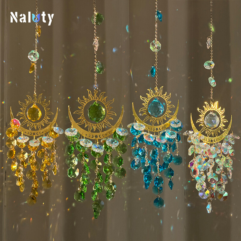 Златна слънчева луна молец Кристална висулка Градина Suncatcher Wind Chimes Кристална верига Rainbow Prism за домашен прозорец Парти декорация