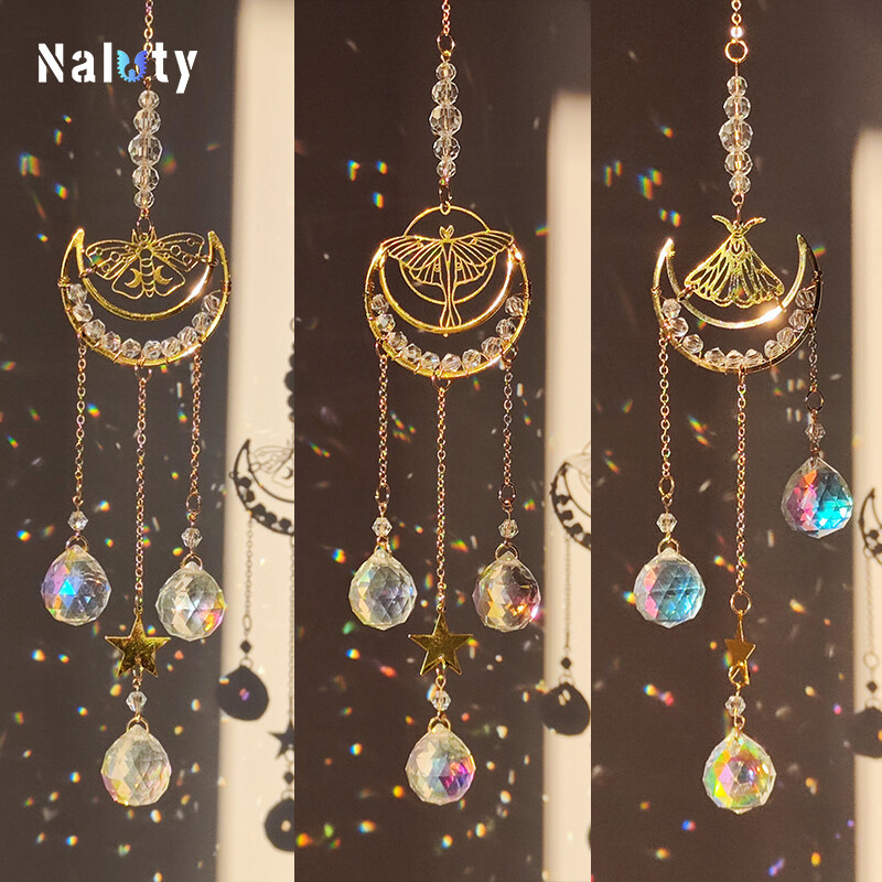 Златна слънчева луна молец Кристална висулка Градина Suncatcher Wind Chimes Кристална верига Rainbow Prism за домашен прозорец Парти декорация