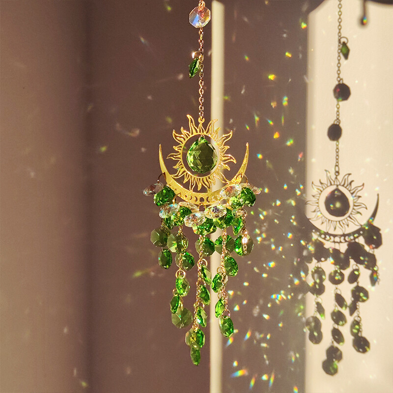 Златна слънчева луна молец Кристална висулка Градина Suncatcher Wind Chimes Кристална верига Rainbow Prism за домашен прозорец Парти декорация