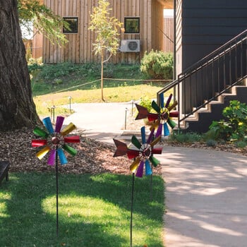 Flower Wind Spinner Stake Rainbow Metal Windmill Διακόσμηση Κήπου Wind Spinner with Garden Stake Outdoor Wind Sculpture