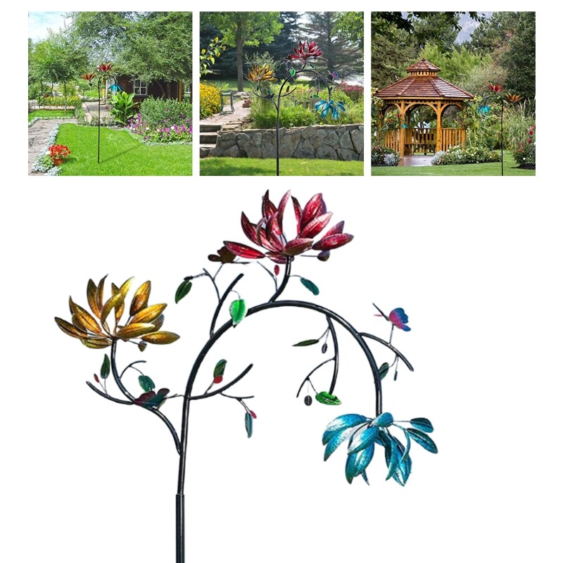 Голям метален въртящ се вятър с три въртящи се цветя Пеперуди Вятърна мелница Вятърна скулптура за градински арт декор на открито 85DA