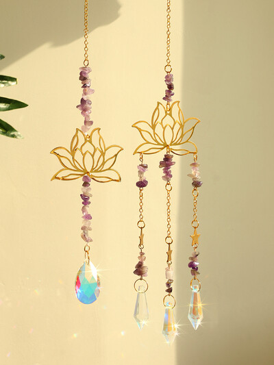 2 бр. Crystal Sun Catcher Lotus Pink Purple Висящ декор Rainbow Maker Suncatchers Crystals Витражи Градина Външни декори