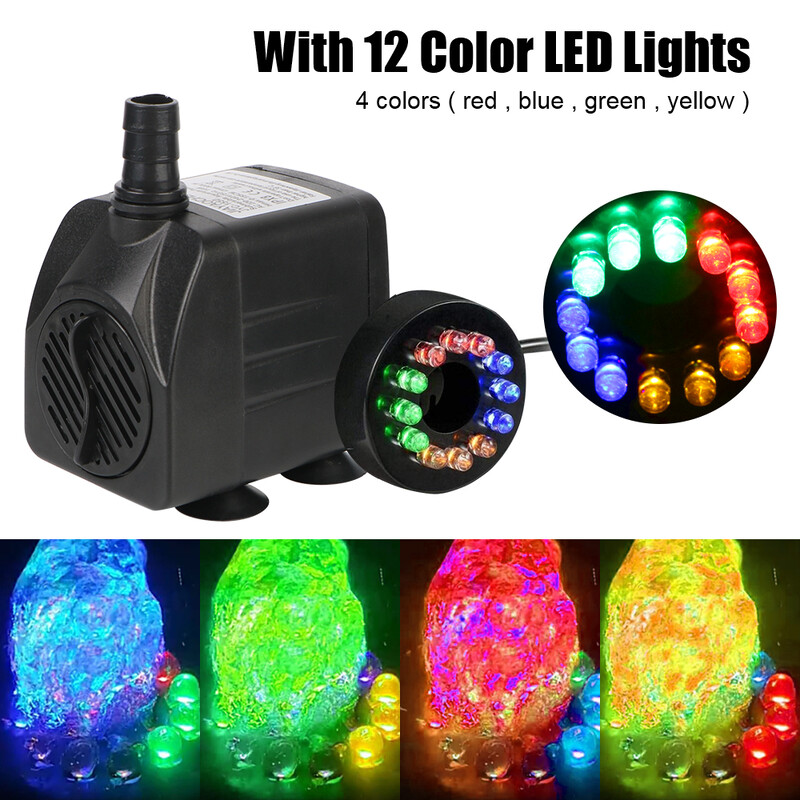 Потопяем фонтан Ултра тиха водна помпа Водоустойчив за градински аквариум Фонтан за баня с птици с 12 LED лампи
