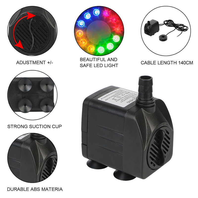 Потопяем фонтан Ултра тиха водна помпа Водоустойчив за градински аквариум Фонтан за баня с птици с 12 LED лампи
