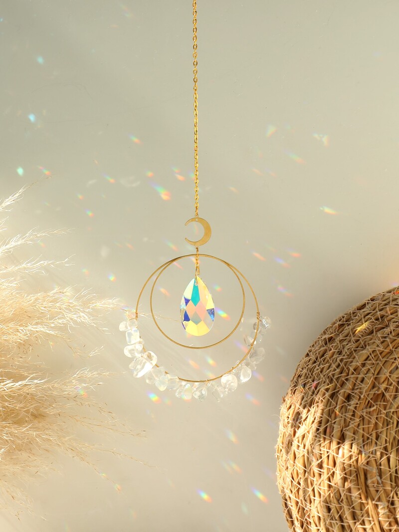 Лилав кристал, луна, улов на слънце, декор, висулка, окачен на стена, прозорец, кристал, улов на слънчеви лъчи, декорация за дома Деня на майката, подарък за момиче, занаяти