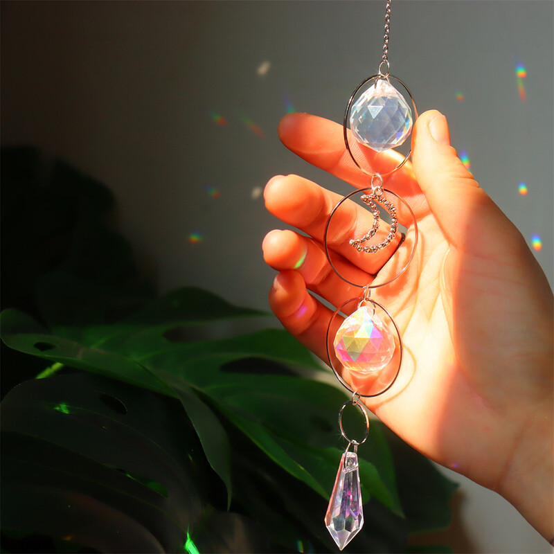Кристални слънчеви призми Wind Chime Moon Star Висящи Sun Catchers Wind Chimes Rainbow Chaser Window Сватбена завеса Висящ декор