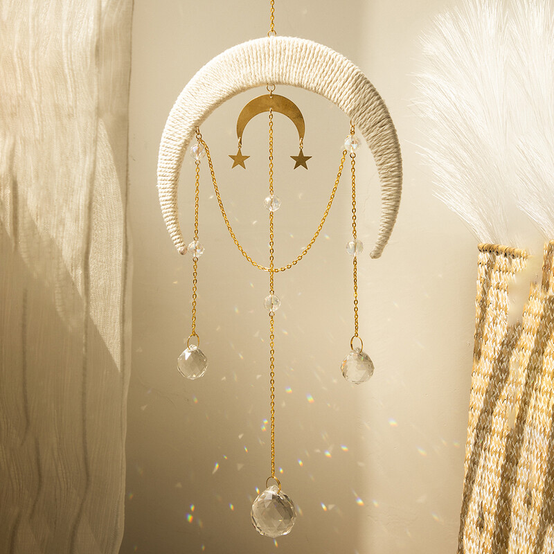 Moon Suncatcher Висящ кристал Dream Catcher Макраме Орнамент Призма Crystal Sun Catcher Rainbw Window Градина Декорация на дома