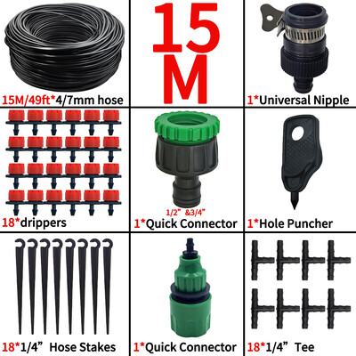 15M-25M Micro Drip Watering Kit Garden DIY Automatic Irigation System & Adjustable Dripper 4/7`` Hose for Greenhouse