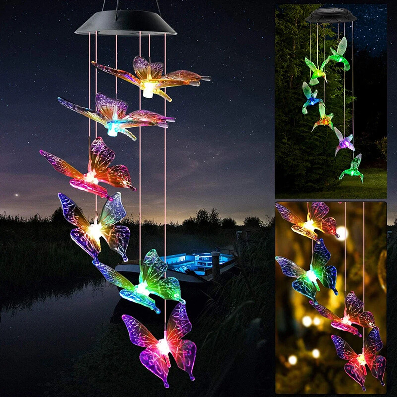 LED променяща цвета си слънчева пеперуда Wind Chime Light Външна градина Двор Декорация Цветна светлина Балконска висулка