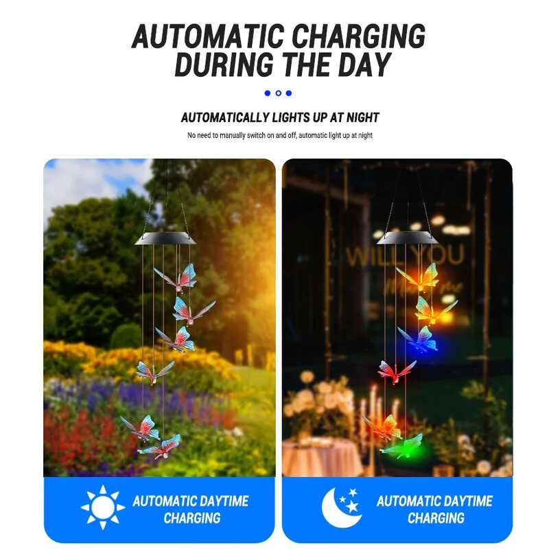 LED променяща цвета си слънчева пеперуда Wind Chime Light Външна градина Двор Декорация Цветна светлина Балконска висулка