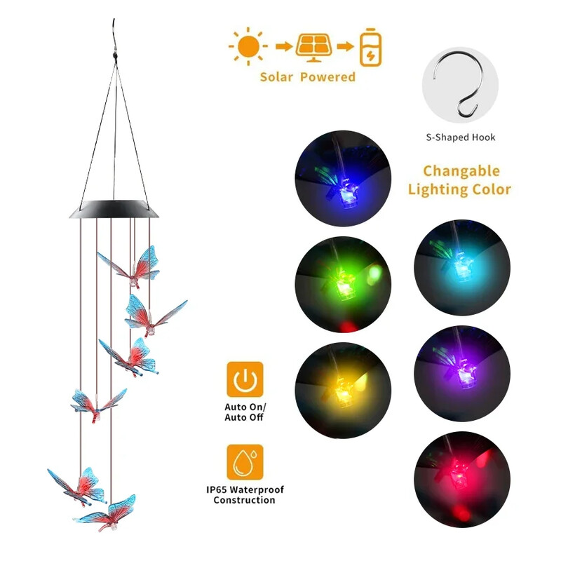 LED променяща цвета си слънчева пеперуда Wind Chime Light Външна градина Двор Декорация Цветна светлина Балконска висулка