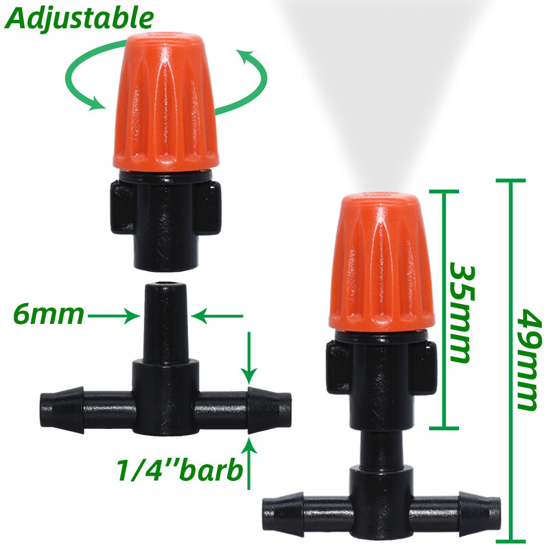 25 бр. Регулируеми дюзи за охлаждане с мъгла с 1/4'' тройник за капково напояване Система за градинско напояване Комплект оранжерия за бонсай от цветя