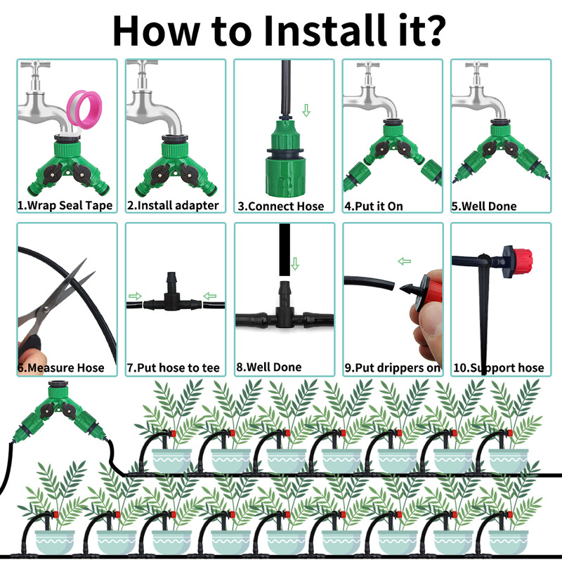 10-30M Градински 1/4'' Комплект за капково напояване Дюзи за система за автоматично напояване за земеделска земя Бонсай Растение Цвете Зеленчукова Оранжерия