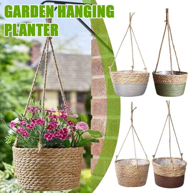 Šiaudinis gėlių vazonas sodas Pakabinamas vazonas Sandėliavimo krepšelis Austi gėlių vazonai Namai Lauko pakabos Dekoras Vidinis laikiklis Gard Y1Y1