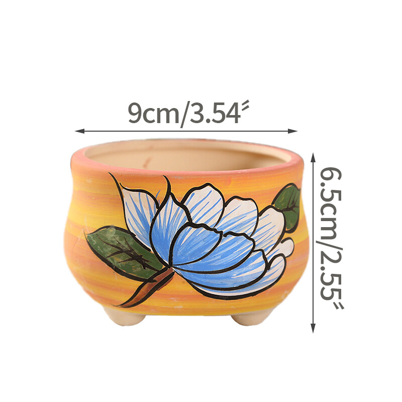 Vintažinėmis spalvomis dažytas matinis keraminis gėlių vazonas Paprastas sultingas augalas vazonėlyje su kojomis Meno ornamentas Namų kūrybinė sodininkystė