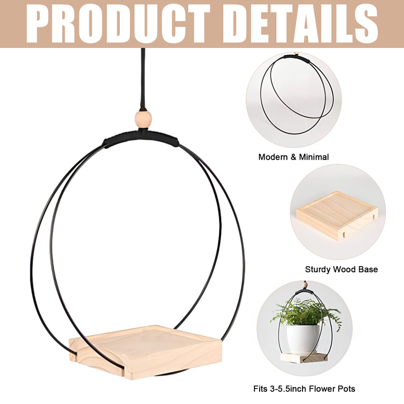 Modernus patalpų kabančių augalų sodintuvų laikiklis su medine lentyna ir kabliu – pakabinamos sodintuvės namų dekoravimui