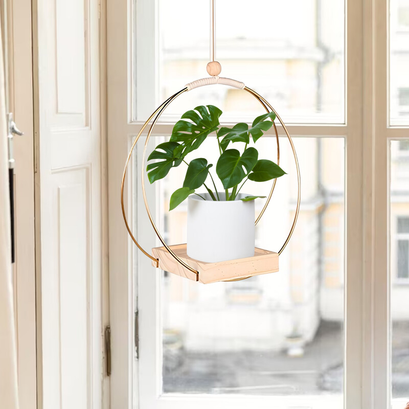 Modernus patalpų kabančių augalų sodintuvų laikiklis su medine lentyna ir kabliu – pakabinamos sodintuvės namų dekoravimui