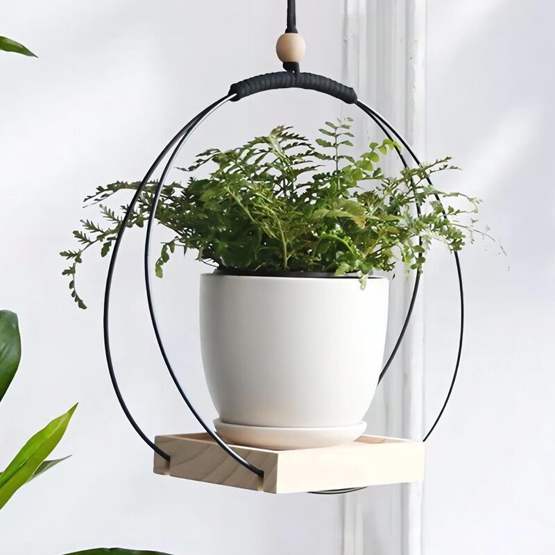 Modernus patalpų kabančių augalų sodintuvų laikiklis su medine lentyna ir kabliu – pakabinamos sodintuvės namų dekoravimui