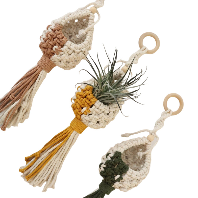 Makrame õhutaime riidepuu Rippõhk õhutaimehoidja Õhutaimede vitriin Seinaplank Boho lillepotid kootud korv rõdu kingitus